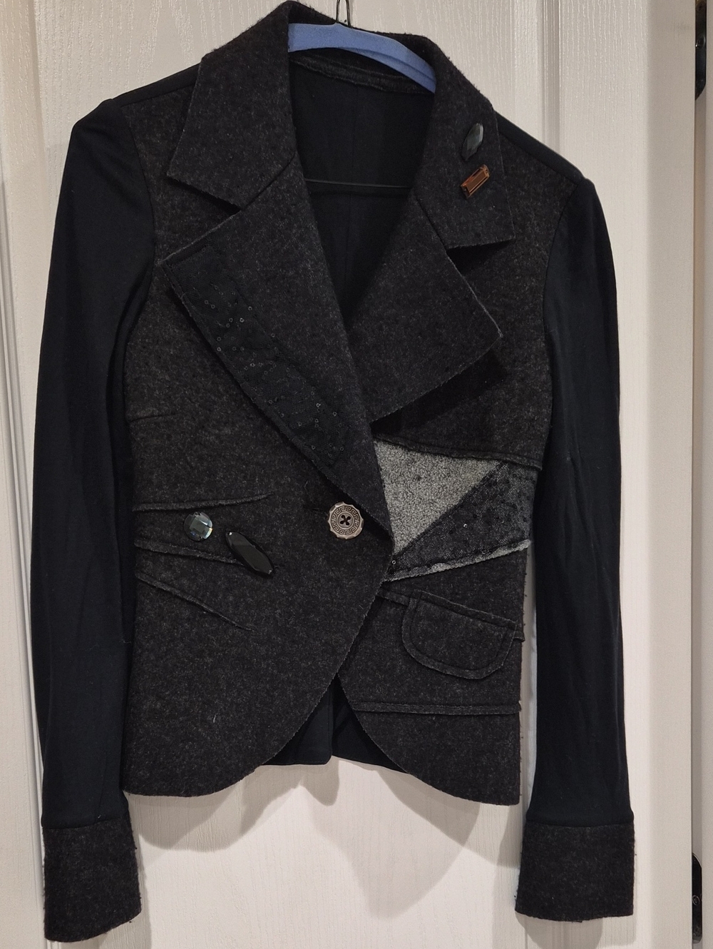 Womens Dark Gray Mixed-Material Blazer Jacket